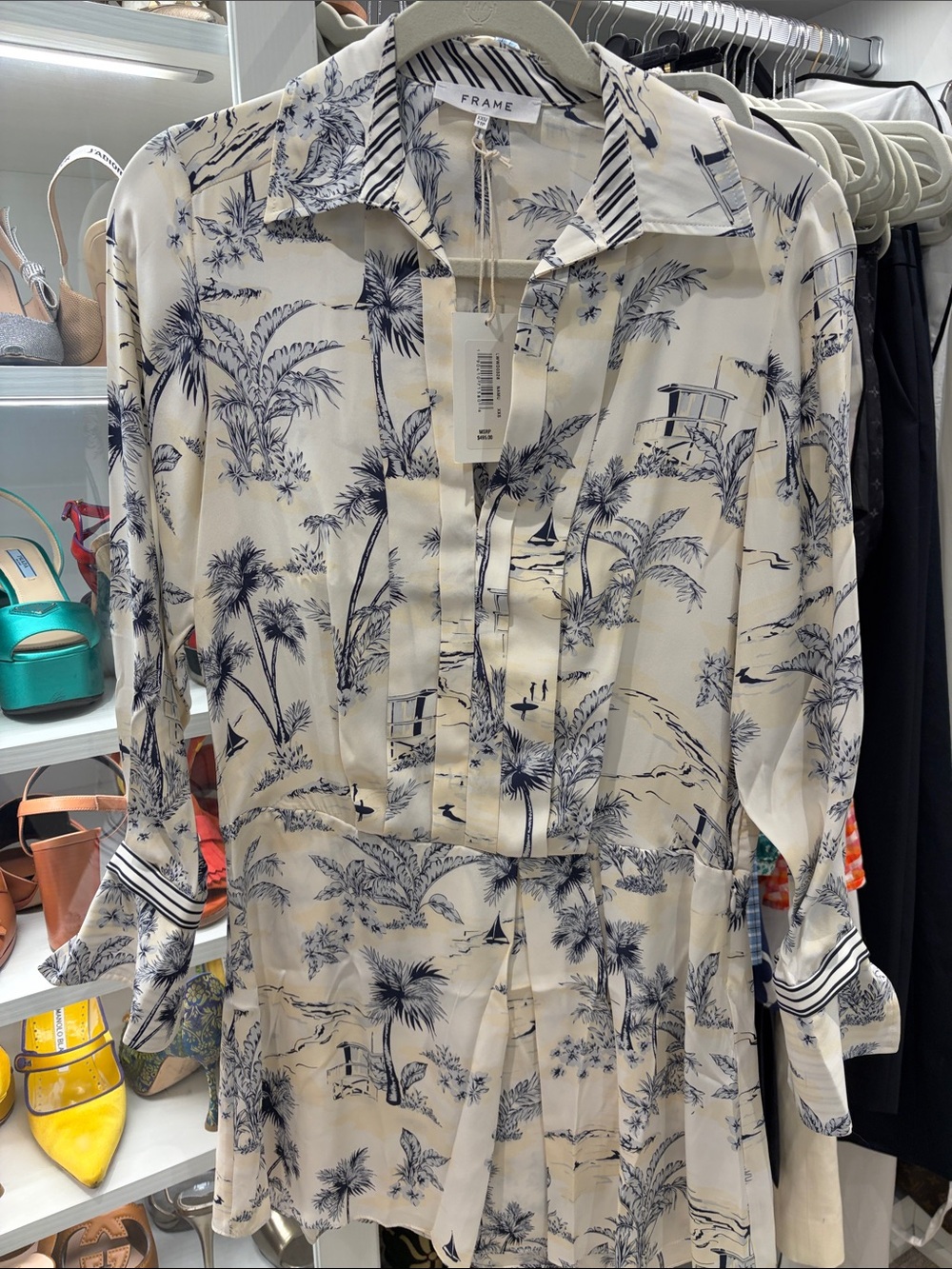 NWT 100% Silk FRAME Cream Shirt Dress with Navy Tropical Print